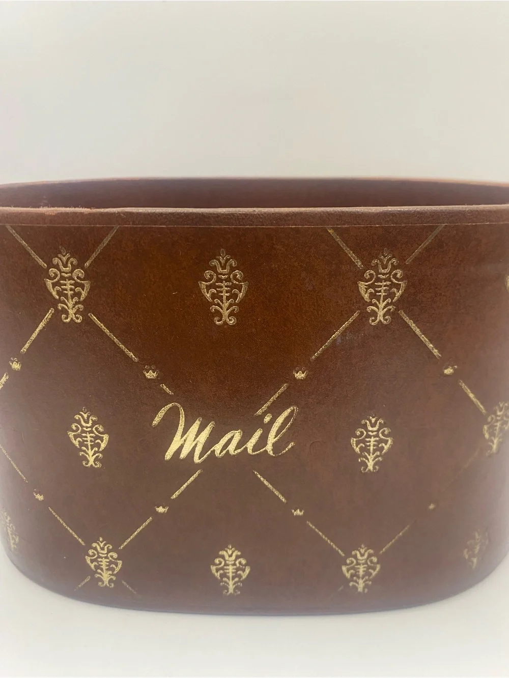 Vintage MCM Brown Fleur De Lis Mail Holder Desk Organizer Letter Box 4.5”x7”
